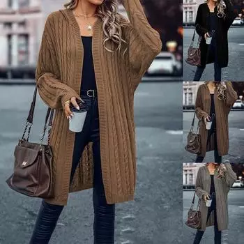 Осенне-зимняя женская мода повседневная куртка-кардиган с длинным рукавом из грубой витой вязки L чёрный