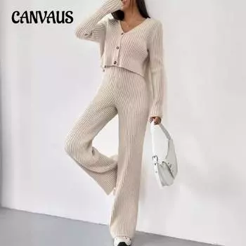 Осенне-зимняя женская мода повседневные прямые брюки темперамент свободный V-образный вырез полосатый трикотажный брючный костюм