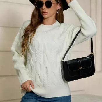 Осенне-зимняя женская мода, пуловер с длинным рукавом, вязаный свитер, однотонный топ с баской и переплетенными нитками S белый