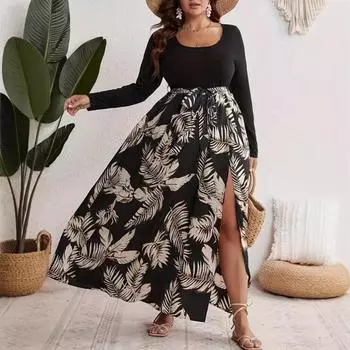 Осенне-зимняя женская мода с цветочным принтом и круглым вырезом на талии Платье больших размеров 0XL чёрный