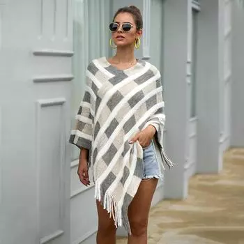 Осенне-зимняя женская мода, шаль, плащ с кисточками, клетчатый свитер синий