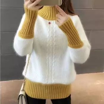 Осенне-зимняя женская мода свободный пуловер трикотажная нижняя рубашка цветной свитер с полуводолазкой 3XL чёрный