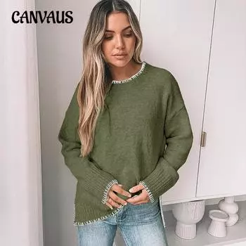 Осенне-зимняя женская мода трикотаж пуловер с отделкой круглым вырезом свитер больших размеров S зелёный