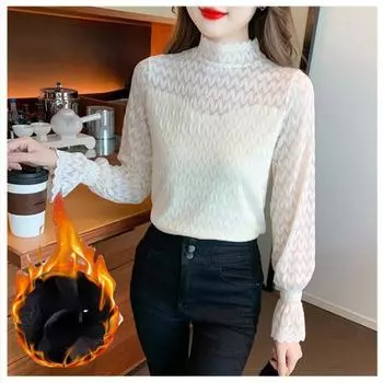 Осенне-зимняя женская модная облегающая рубашка с толстым воротником-стойкой и кружевной основой M