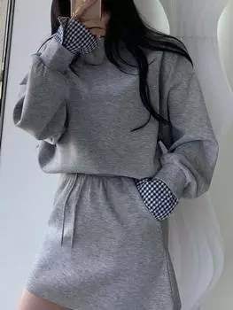 Осенне-зимняя женская модная одежда, комплект из двух предметов, свитер с круглым воротником + шорты на резинке, юбка, новый эстетичный повседневный костюм в стиле пэчворк S серый