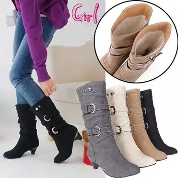 Осенне-зимняя женская модная повседневная обувь Ботинки средней высоты Ботинки Martin Длинные ботинки Зимние ботинки Большие размеры 43 чёрный