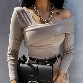 Осенне-зимняя женская модная сексуальная косая без бретелек футболка с длинными рукавами S белый