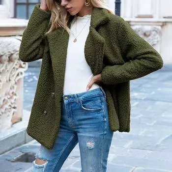 Осенне-зимняя женская модная свободная флисовая куртка с карманами и лацканами на пуговицах S