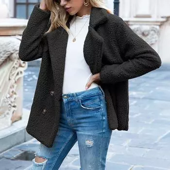 Осенне-зимняя женская модная свободная флисовая куртка с карманами и лацканами на пуговицах S