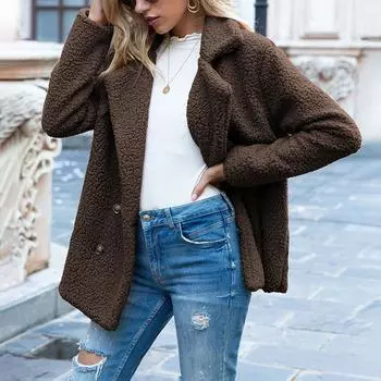Осенне-зимняя женская модная свободная флисовая куртка с карманами и лацканами на пуговицах S