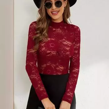 Осенне-зимняя женская модная универсальная сексуальная кружевная тонкая наружная футболка с длинными рукавами S бордовый