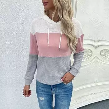Осенне-зимняя женская модная вязаная толстовка с цветными блоками, свободная толстовка на шнурке S белый