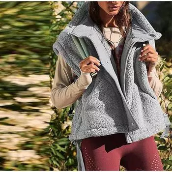 Осенне-зимняя женская модная жилетка, повседневная, без рукавов, с капюшоном и большим карманом с пряжкой S серый