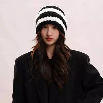 Осенне-зимняя женская/мужская шапка-мешок с полосками на лице, большая окружность головы, шерстяная шапка, теплая вязаная холодная шапка, пуловер, шапка one size