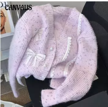 Осенне-зимняя женская нежная свободная ленивая ветровка трикотажная куртка кружевной бант свитер кардиган One Size синий