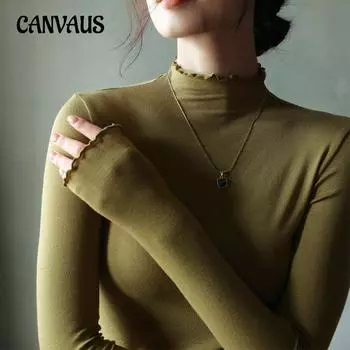 Осенне-зимняя женская нижняя рубашка из модала с полувысоким воротником, деревянная рубашка с ушками внутри блузки с длинными рукавами