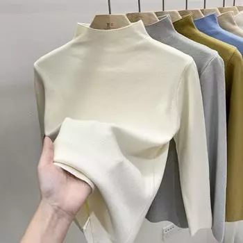 Осенне-зимняя женская нижняя рубашка, однотонный свитер, тонкая блузка с длинными рукавами, трикотаж с полувысоким воротником One Size серый