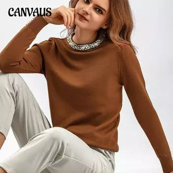 Осенне-зимняя женская нижняя рубашка, пуловер с бисером, свитер, женский вязаный свитер с круглым вырезом и длинными рукавами, свободная тонкая темпераментная нижняя рубашка One Size абрикосовый