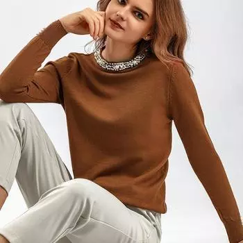 Осенне-зимняя женская нижняя рубашка, пуловер с бисером, свитер, женский вязаный свитер с круглым вырезом и длинными рукавами, свободная тонкая темпераментная нижняя рубашка One Size коричневый