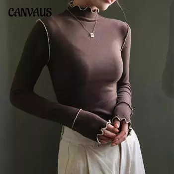 Осенне-зимняя женская нижняя рубашка с деревянными ушами сбоку, полувысокая горловина, Дралоновая нижняя рубашка внутри, топ с длинными рукавами S белый