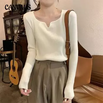 Осенне-зимняя женская нижняя рубашка с v-образным вырезом, темпераментный мягкий свитер в стиле ретро, трикотаж, топы с длинными рукавами One Size красный