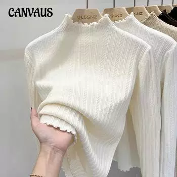 Осенне-зимняя женская нижняя рубашка, вязаный свитер, мягкая нижняя рубашка с деревянным краем, до середины шеи, топы с длинными рукавами One Size белый