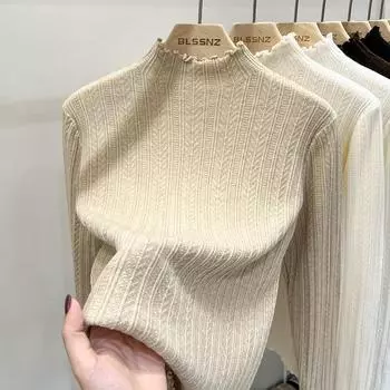 Осенне-зимняя женская нижняя рубашка, вязаный свитер, мягкая нижняя рубашка с деревянным краем, до середины шеи, топы с длинными рукавами One Size белый