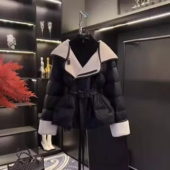 Осенне-зимняя женская новая деловая хлопковая куртка с поясом на талии, облегающая повседневная высококачественная женская куртка с цветными блоками L чёрный