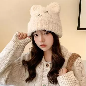 Осенне-зимняя женская новая плюшевая шапка-пуловер с рисунком медведя из мультфильма, милая шапка с ушками, зимняя теплая вязаная шапка чёрный
