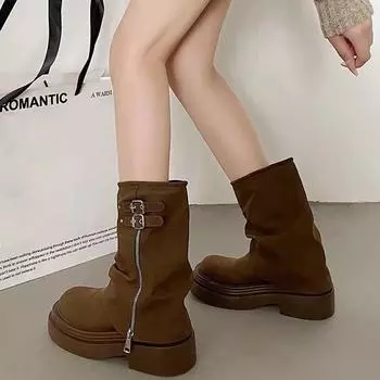 Осенне-зимняя женская обувь Ботинки для женщин Платформа Панк Повседневные Сапоги с пряжкой до середины голени 35 чёрный