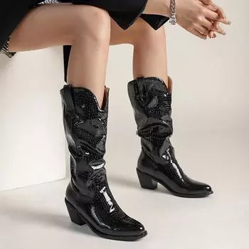 Осенне-зимняя женская обувь Ковбойские сапоги до колена на толстом высоком каблуке с круглым носком из искусственной кожи Повседневная обувь для вечеринок Zapatos Mujer 6