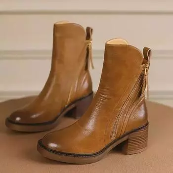 Осенне-зимняя женская обувь, кожаные короткие сапоги для женщин, круглые носки, толстые каблуки, ботильоны на молнии, женские на платформе и каблуке 35