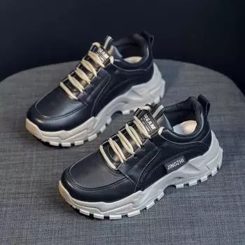 Осенне-зимняя женская обувь спортивного стиля, повседневная кожаная обувь, женская нескользящая износостойкая мягкая подошва, легкие низкие белые туфли, тренд 36 чёрный