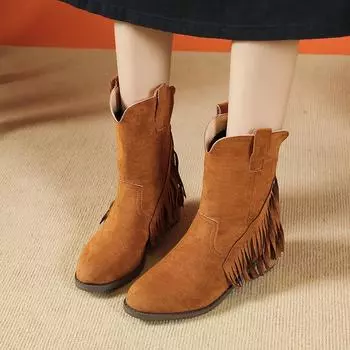 Осенне-зимняя женская обувь в стиле ретро, флисовые ботинки Frosted Western Brown, ботинки Martin с кисточками из искусственной кожи, женская тенденция 36 чёрный