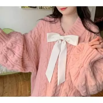 Осенне-зимняя женская одежда, женский свободный свитер с V-образным вырезом и бантом, длинный рукав, пуловер, милый теплый вязаный женский топ XXL синий