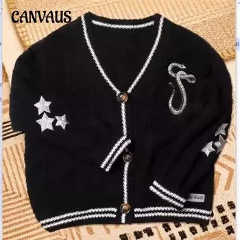 Осенне-зимняя женская однобортная свободная повседневная куртка-свитер с V-образным вырезом и вышитыми звездами с длинными рукавами S чёрный