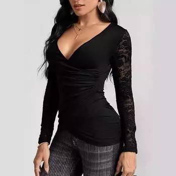 Осенне-зимняя женская однотонная футболка с длинными рукавами и кружевным переплетением S чёрный