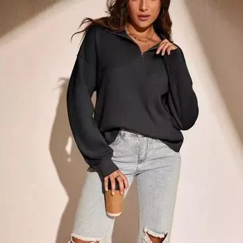 Осенне-зимняя женская однотонная толстовка с длинным рукавом и полуоткрытым воротом на молнии S землистый