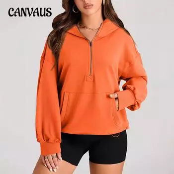 Осенне-зимняя женская однотонная толстовка с длинным рукавом и капюшоном, однотонная толстовка с карманом на молнии S оранжевый