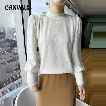 Осенне-зимняя женская однотонная трикотажная рубашка с высоким воротом и длинными рукавами S белый