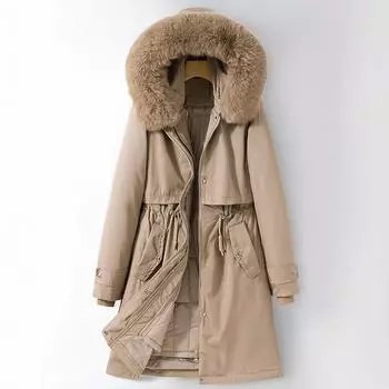 Осенне-зимняя женская однотонная утолщенная женская куртка с капюшоном на талии средней длины со съемной подкладкой, 5 цветов M бежевый