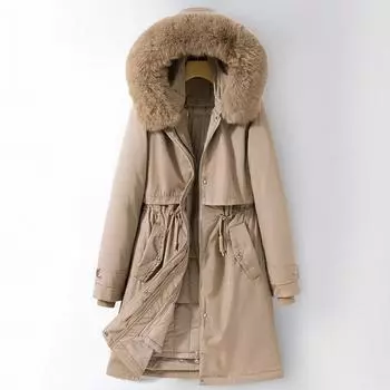 Осенне-зимняя женская однотонная утолщенная женская куртка с капюшоном на талии средней длины со съемной подкладкой, 5 цветов M хаки