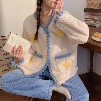 Осенне-зимняя женская пижама с цветными блоками, кардиган, утолщенный, теплый, коралловый бархат, пижамный комплект, фланелевая школьная пижама, женская милая домашняя одежда, одежда для отдыха M