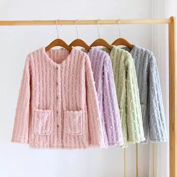 Осенне-зимняя женская пижама с длинным рукавом, фланелевый утолщенный теплый топ, коралловый бархат, круглый вырез, милая домашняя меховая женская одежда M