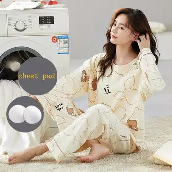 Осенне-зимняя женская пижама с длинными рукавами и круглым вырезом для девочек, симпатичная свободная хлопковая пижама для дома с подушкой для груди M