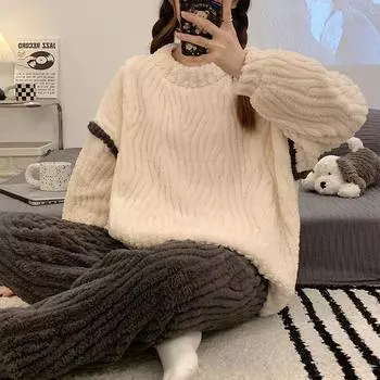 Осенне-зимняя женская пижама с круглым вырезом, простая, плюс бархатная, кораллового флиса, плотная фланель, домашний зимний мягкий костюм XXL чёрный