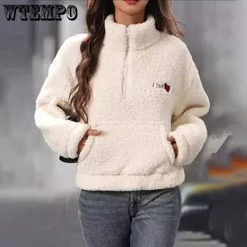 Осенне-зимняя женская плюшевая куртка с длинным рукавом, свободная, с полумолнией и воротником-стойкой, пуловер, толстовка M чёрный