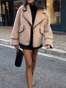 Осенне-зимняя женская плюшевая куртка с карманами, повседневная, свободная, с лацканами, V-образным вырезом, длинным рукавом, теплое пальто, модная женская уличная верхняя одежда XS хаки