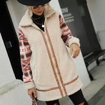 Осенне-зимняя женская плюшевая куртка с зернистым цветным блоком и принтом с лацканами, длинное пальто на молнии S светло-коричневого
