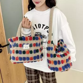 Осенне-зимняя женская плюшевая сумка на плечо в стиле ретро с клетчатой шерстяной сумкой, новинка 2023 года, большая сумка на плечо